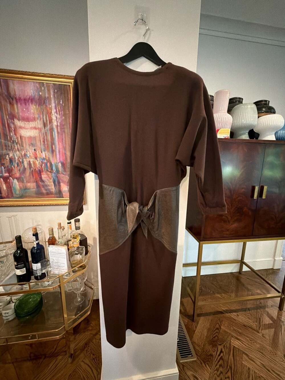 Gianni Versace Vintage Brown Knit Midi Dress with Leather tie waist size 44 M